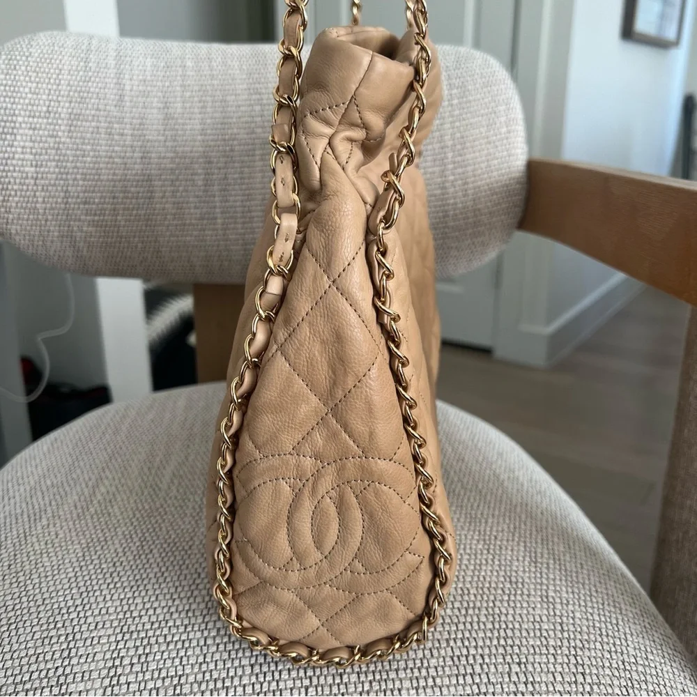 CHANEL Chain Me Hobo Quilted Leather Large in Beige Tan